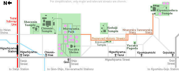 Guide map to see Kiyomizudera Temple, Kodaiji Temple and Yasaka Shrine (Image from japan-guide)